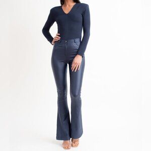 Daniela Corte Lisa Black long sleeve padded shoulders Bodysuit Top Sz M